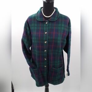 1990's NWT Carolyn Taylor Navy & Green TARTAN PLAID Button Up FLEECE Coat Sz M